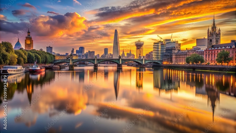 Fototapeta premium Breathtaking Landscape Photography of Iconic London Landmarks at Dusk, Capturing the Serene River Thames and Historic Architecture in a Stunning Urban Setting