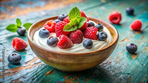 A bowl of creamy yogurt topped with fresh raspberries and blueberries, adorned with a sprig of mint, sitting on a rustic wooden surface.