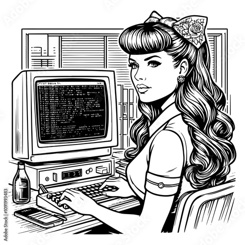 Woman working at computer with code on screen, wearing headset in office setting. Generative ai.