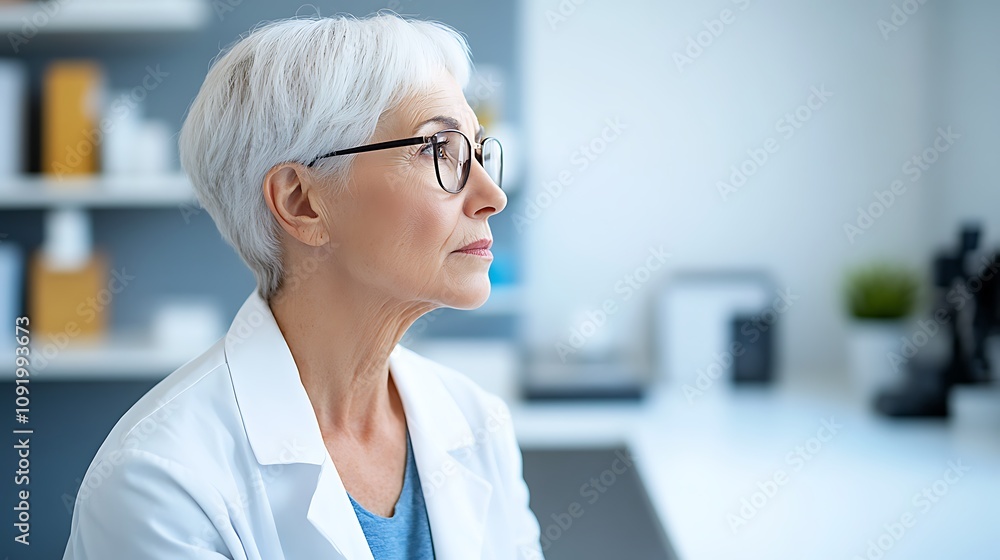 Expert female doctor contemplating patient care in modern clinic professional environment side view Expert female doctor contemplating patient care in modern clinic professional environment side view