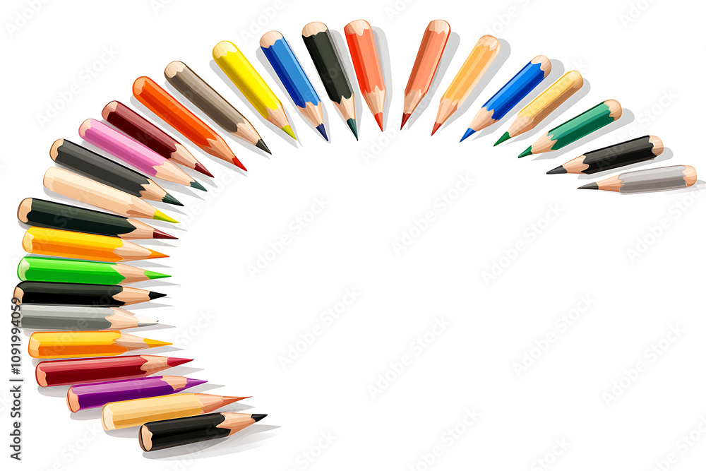 Fototapeta premium A colorful arrangement of pencils in a semi-circle, ideal for artistic projects.