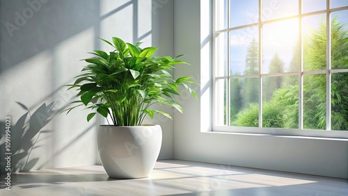 Sunlight streaming through a window illuminates a leafy plant in a white pot, casting a gentle shadow on the pale wall.