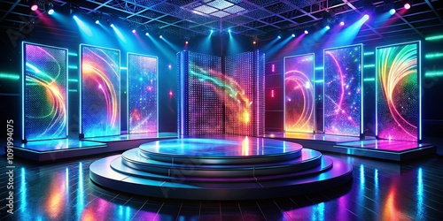 A futuristic stage illuminated by vibrant lights, showcasing a circular platform with a reflective surface and surrounded by colorful screens displaying shimmering patterns.