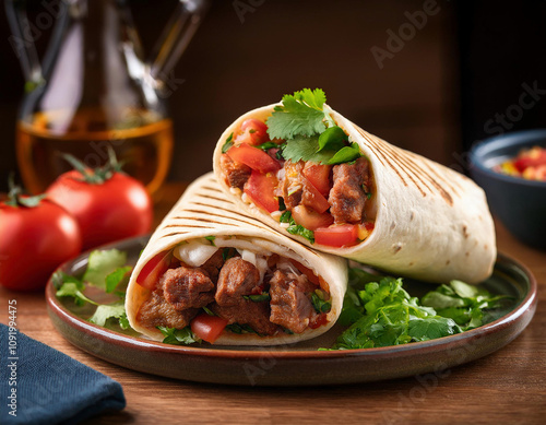 A close-up shot of two grilled meat and vegetable burritos wrapped in flour tortillas, served on a brown plate with fresh tomatoes and lettuce garnish. photo