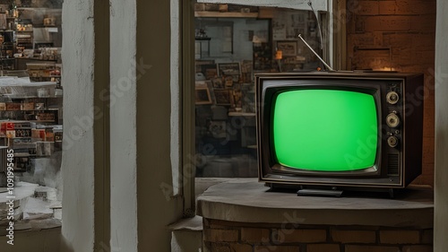 Aparelho de televisão antiga com tela verde em uma loja de antiguidades. photo