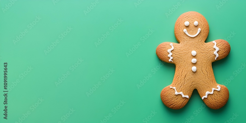 Fototapeta premium A gingerbread man cookie positioned to the right, set against a panoramic green background with plenty of room for text.