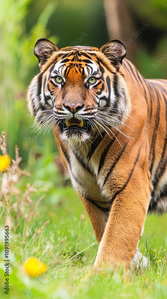 Obraz premium A majestic tiger walking through a lush green landscape.