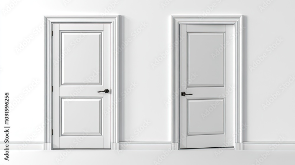 Two doors with white panels, one open and one closed Two doors with white panels, one open and one closed