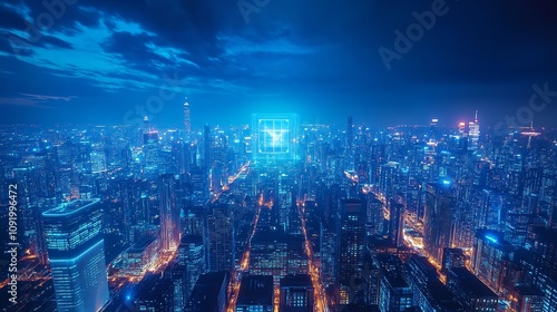  A futuristic city skyline illuminated by blue lights at night. photo