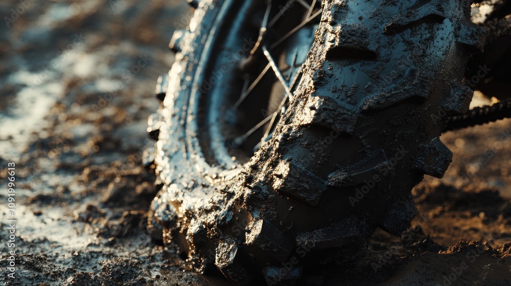 Fototapeta premium A close-up of a muddy tire, showcasing its rugged tread and dirt accumulation.