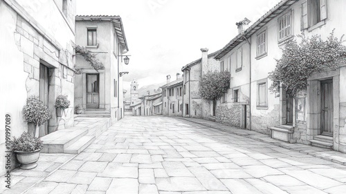 Fototapeta Naklejka Na Ścianę i Meble -  Pencil Sketch of a Narrow Street in a European Village