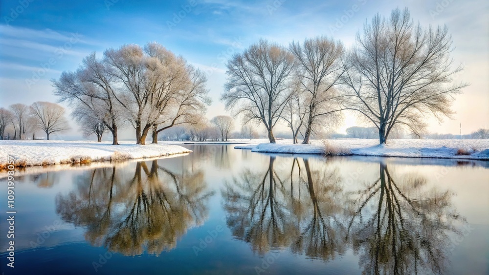 Winter landscape with dormant trees by snowy pond