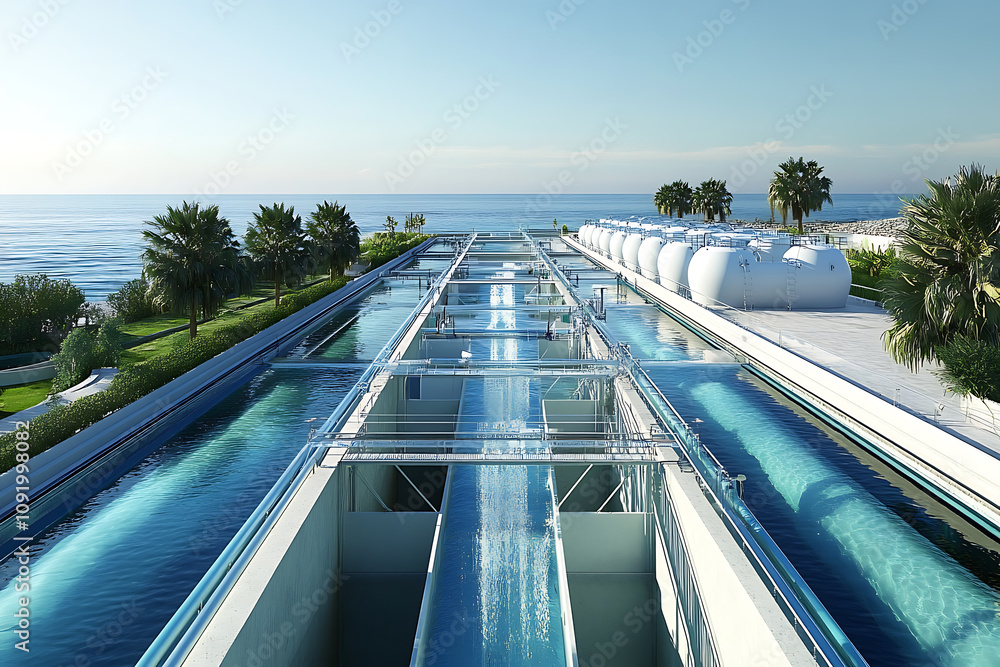 Fototapeta premium A high-tech desalination plant located by the ocean, featuring transparent pipelines and storage tanks, representing advanced and sustainable water technology.