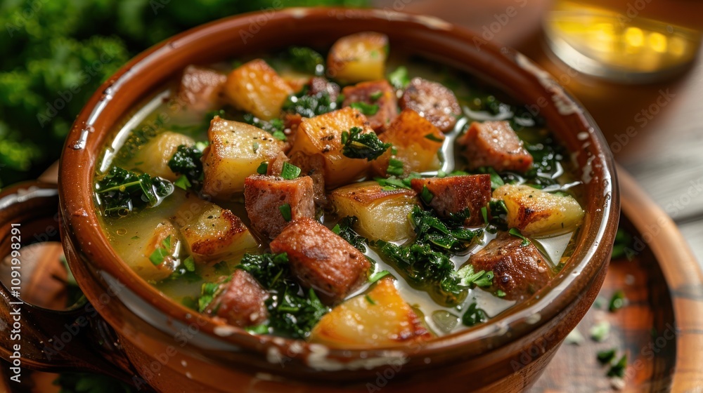 Hearty potato and kale soup in rustic bowl. Hearty potato and kale soup in rustic bowl.