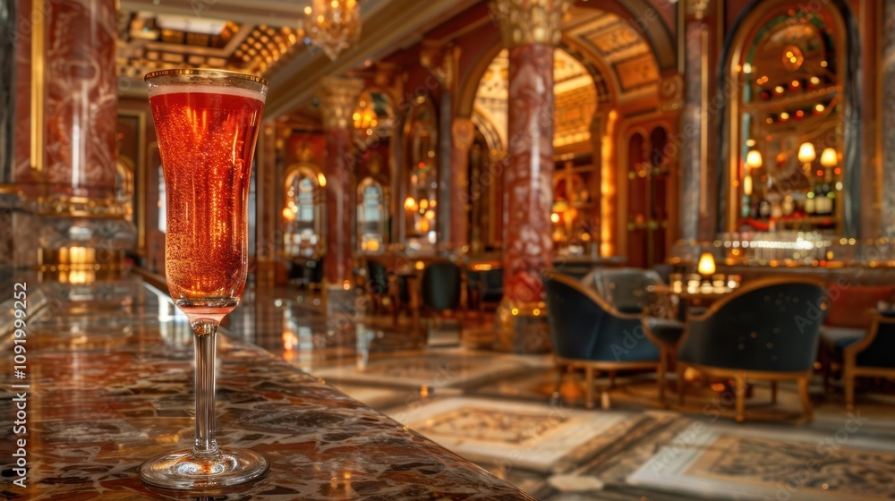 Fototapeta premium Sparkling red cocktail on marble bar in opulent lounge.