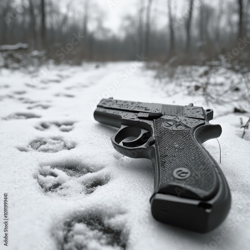 A handgun lies in the snow along a forest path, surrounded by animal tracks. photo