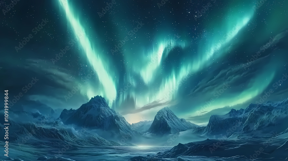 Vibrant aurora borealis over an icy wilderness ideal for celestial and winter-themed backgrounds. Celestial Aurora Borealis. Illustration Vibrant aurora borealis over an icy wilderness ideal for celestial and winter-themed backgrounds. Celestial Aurora Borealis. Illustration