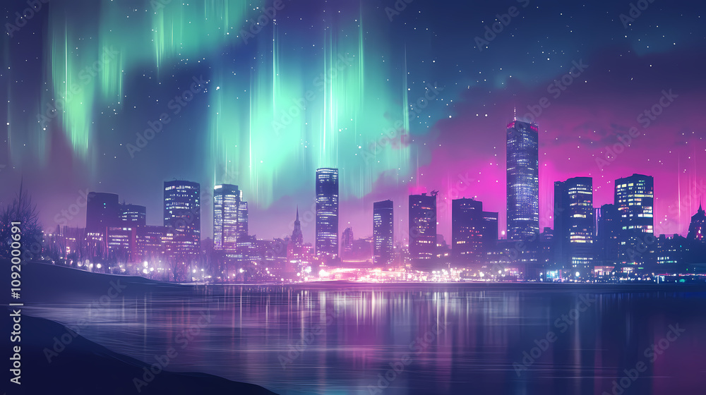 Aurora borealis over a city skyline, with the lights contrasting against the urban landscape and night lights. Celestial Aurora Borealis. Illustration Aurora borealis over a city skyline, with the lights contrasting against the urban landscape and night lights. Celestial Aurora Borealis. Illustration