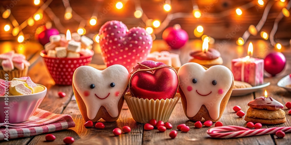 Obraz premium Candid Moments of Valentine's Tooth Celebration: Sweet Treats and Joyful Smiles in a Cozy Romantic Setting with Heart-Shaped Confectioneries and Colorful Decorations