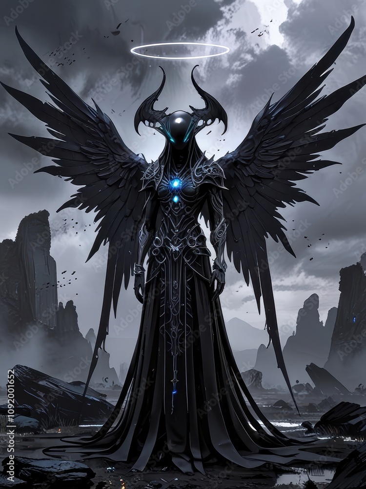 Fototapeta premium Gothic Winged Alien with Iridescent Skin in a Hauntingly Desolate Landscape