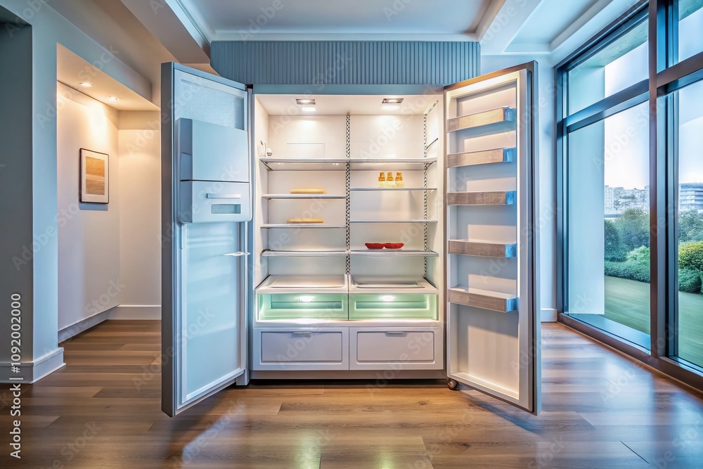 Candid Photography of an Empty Refrigerator Showcasing Minimalism and Modern Kitchen Aesthetics for Stock Photo Use Candid Photography of an Empty Refrigerator Showcasing Minimalism and Modern Kitchen Aesthetics for Stock Photo Use
