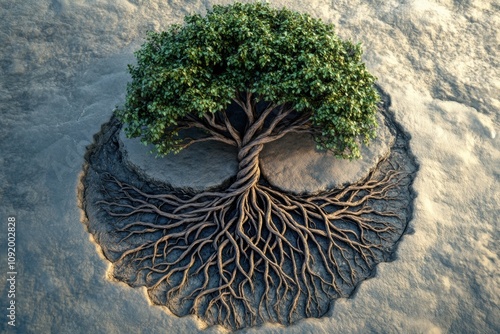 A beautifully crafted tree of life showcases intricate branches and roots, symbolizing unity, growth, and nature's harmony in a tranquil setting. Generative AI photo