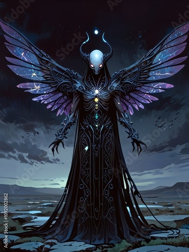 Gothic Winged Alien with Iridescent Skin in a Hauntingly Desolate Landscape photo