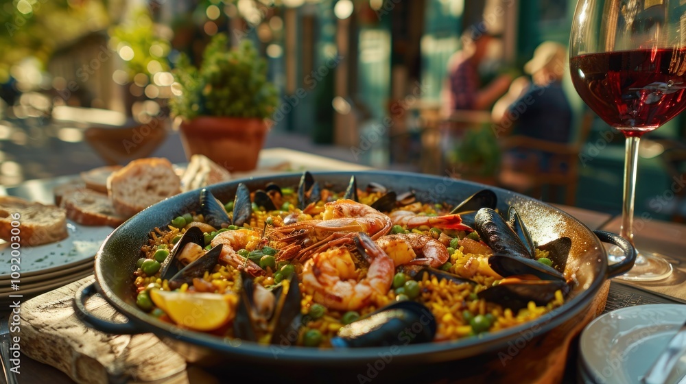 Obraz premium Seafood paella served outdoors with wine.