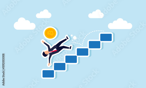 A businessman slips and falls from a ladder along with bitcoin, illustration of a declining bitcoin valuation