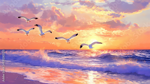 Twilight serenade seagulls on sunset beach, golden hour gliders seagulls in sunset skies. Golden Hour Serenade. Illustration photo