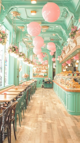 A pastel-themed cafe with elegant decor and a cozy atmosphere.