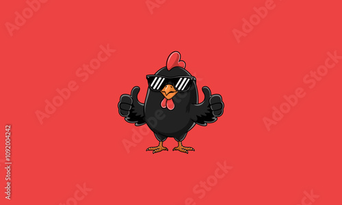 Cool black chicken wearing sunglasses on red background