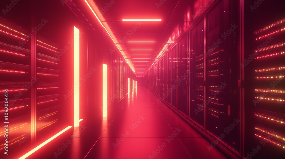 Fototapeta premium Server room interior in datacenter in blue light modern web network and internet telecommunication technology.