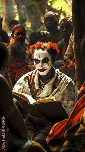 A woman with red face paint is reading a book in front of a group of people