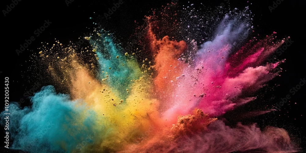 Fototapeta premium Colorful powder explosion on black background, Powder, Explosion, Colorful, Vibrant, Burst, Particles, Abstract, Holi