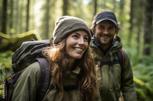 Smiling couple hiking in forest