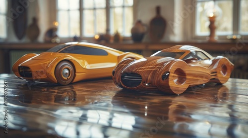 Two handcrafted wooden car models on a table. photo