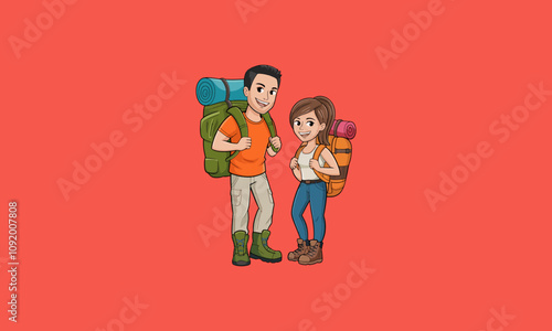 Smiling couple with backpacks ready for hiking adventure