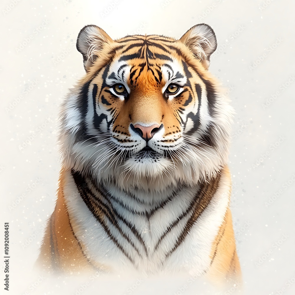 An illustration of a majestic tiger sitting gracefully on an isolated white background, showcasing its powerful and elegant stance with detailed fur patterns and piercing eyes. An illustration of a majestic tiger sitting gracefully on an isolated white background, showcasing its powerful and elegant stance with detailed fur patterns and piercing eyes.