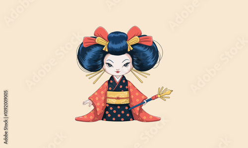 Elegant geisha in traditional kimono holding a fan