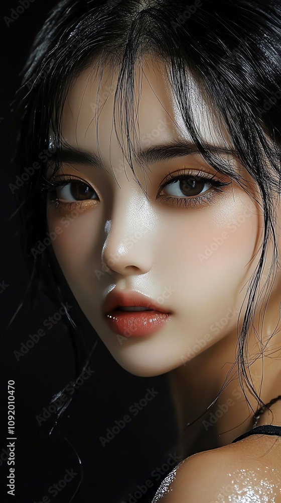 A closeup of a model woman gazing softly into the camera, her makeup natural and glowing, on white A closeup of a model woman gazing softly into the camera, her makeup natural and glowing, on white