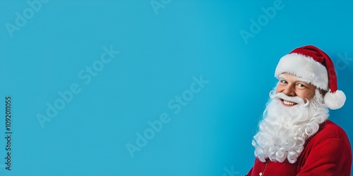 A jolly Santa Claus, situated on the right side, standing out against a wide blue background with room for text --ar 2:1 --s 50 photo