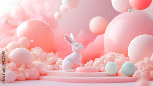 3D Rendered Zodiac Rabbit in Soft Pastel Pink Atmosphere