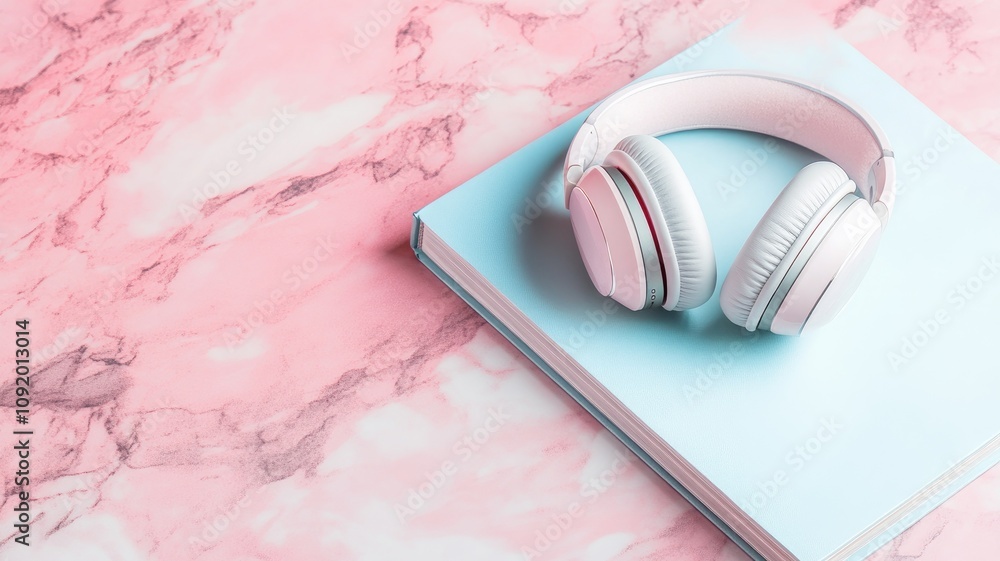 Obraz premium White headphones on blue book against pink, marble surface