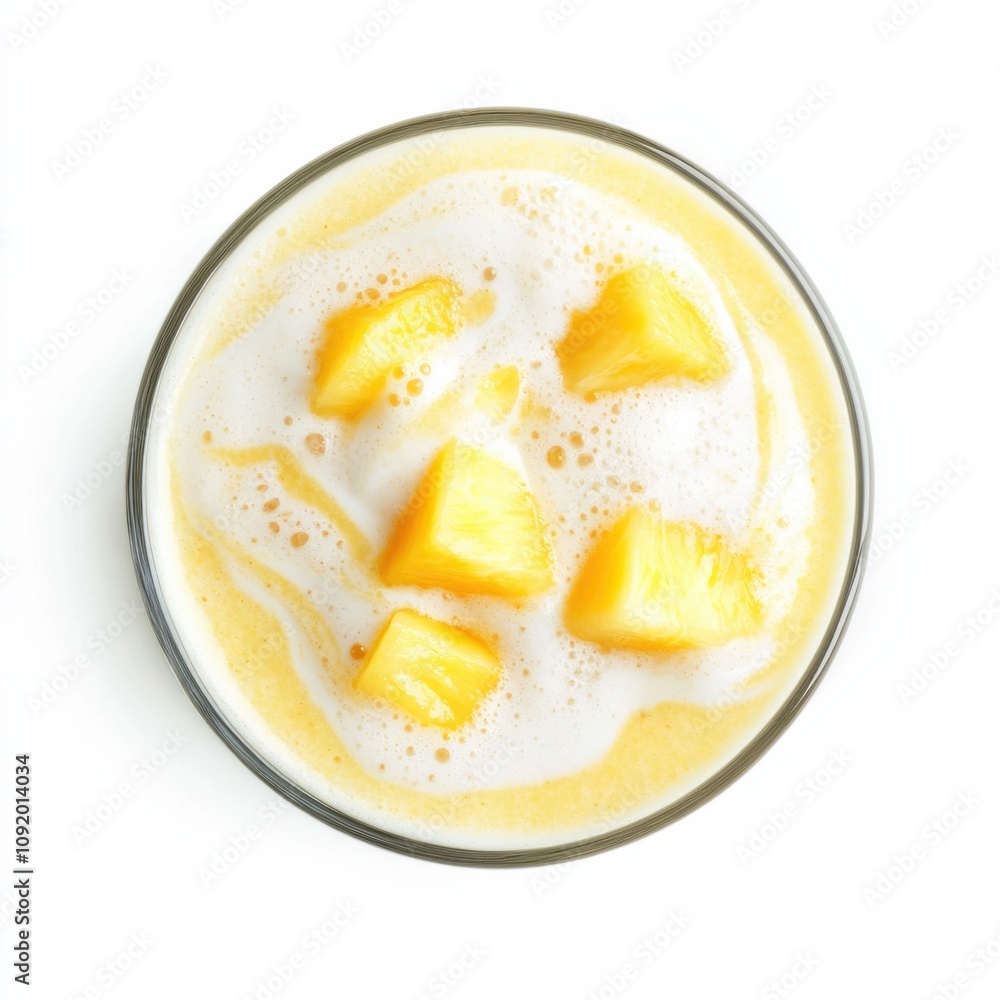A frothy mango pineapple smoothie with coconut milk swirls, garnished with fresh pineapple chunks, in a tall glass A frothy mango pineapple smoothie with coconut milk swirls, garnished with fresh pineapple chunks, in a tall glass