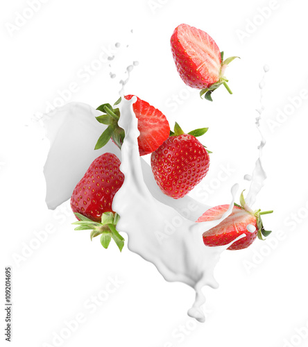 Strawberries and splashing milk or yogurt in air on white background