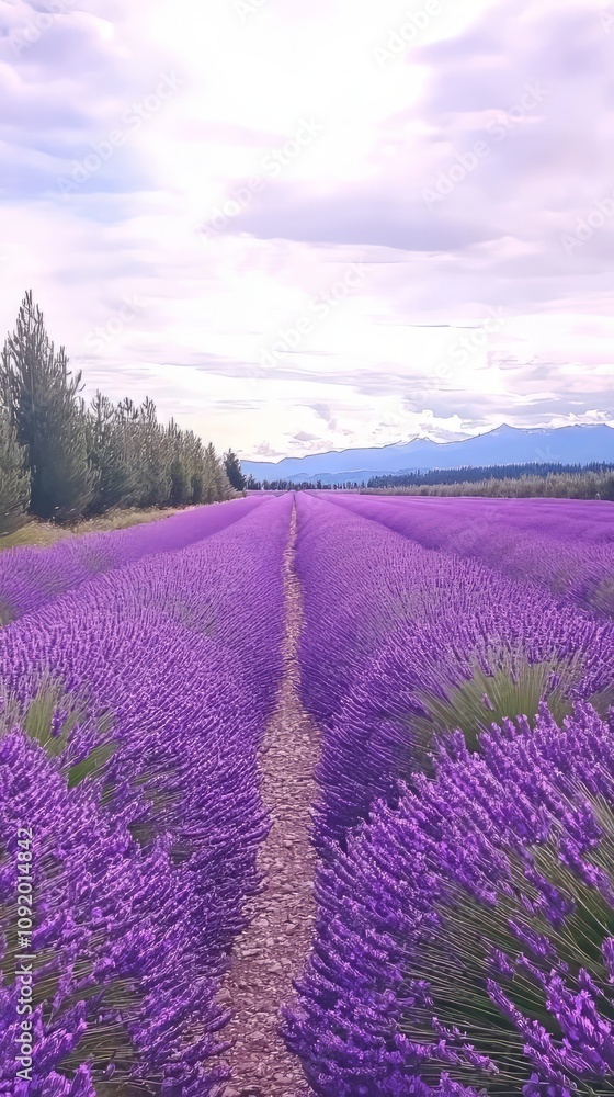 Obraz premium A scenic lavender field stretching towards the horizon under a cloudy sky.