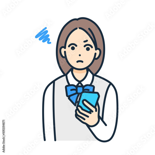 不愉快な気分。怒る女の子。スマフォを手にするブレザー姿の学生。