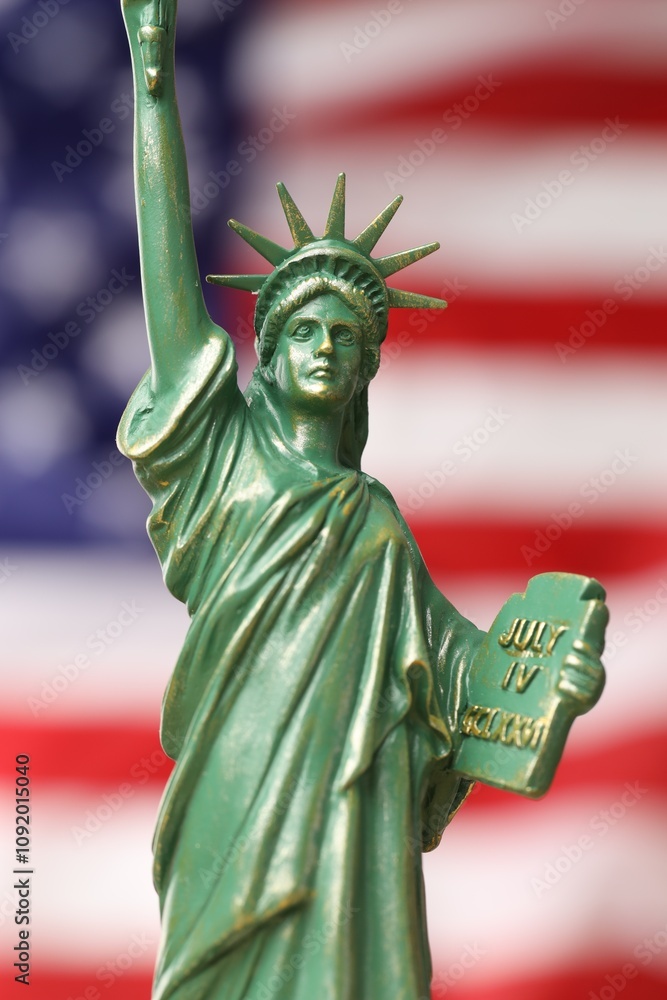 Fototapeta premium Statue of Liberty against flag of USA, closeup