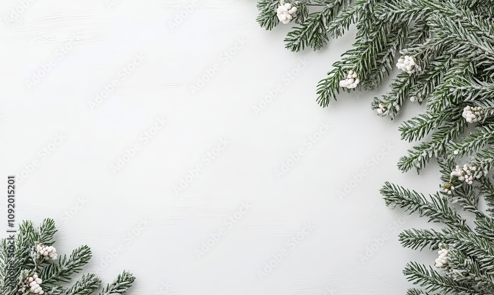 Fototapeta premium Festive winter background with snowy fir branches on white wood. Ample copy space for text or design.